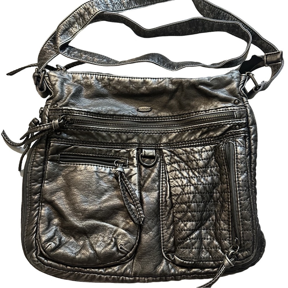 Cargo Metallic Pewter Silver Black Vegan Poly Quilted Faux Leather Crossbody Bag